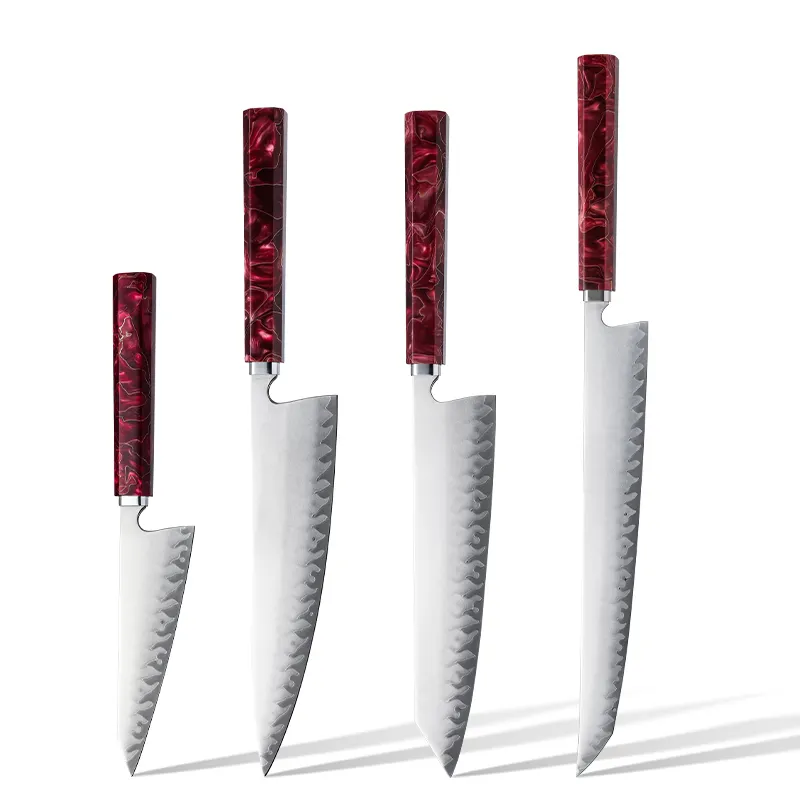 Ensembles de couteaux de chef de cuisine en acier plaqué à 5 couches de haute qualité faits à la main 4 pièces japonais à haute teneur en carbone avec manche en résine rouge et tissu de cuivre