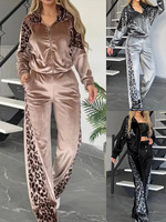 Ensemble deux pièces décontracté pour femmes grandes tailles, imprimé léopard, hauts à manches longues avec fermeture éclair, pantalons amples, tenues d'automne et d'hiver, survêtements