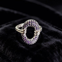 S925 Sterling zilveren ring met paarse kubische zirkonia, bezel-setting, ovale holle geometrische CZ, luxe ring voor bruiloft of feest