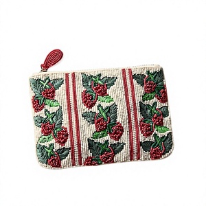 Porte-monnaie brodé à la main avec perles et pompon, motif géométrique vert et or, forme demi-lune, fermeture éclair - Product Image 1