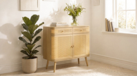 Table console en rotin naturel avec 2 tiroirs incurvés, table d'appoint scandinave en bois tressé pour entrée, couloir ou canapé, style bohème avec rangement