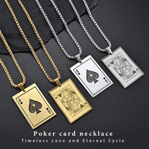Collier vintage en acier inoxydable 316 avec pendentif chanceux gravé As de Pique, Roi, Cœur, unisexe, cadeau, bijoux en gros - Product Image 1