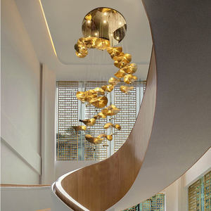 מנורת זהב תליית נחושת מלון תקרה גבוהה מודרני תקרה גבוהה נברשת עבודת לוטוס דף מדרגות קיר דופלקס - Product Image 3