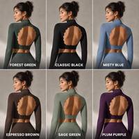 Haut de yoga à dos ouvert CrescentOpenBack pour femme, coupe ajustée, fermeture éclair intégrale, col montant, manches longues, respirant, pour l'entraînement, la performance athlétique, le sport et les activités sportives