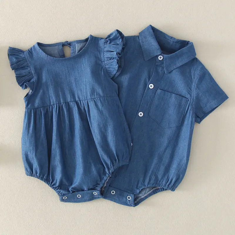 Baju Denim bayi laki-laki perempuan, Jumpsuit Denim lengan pendek