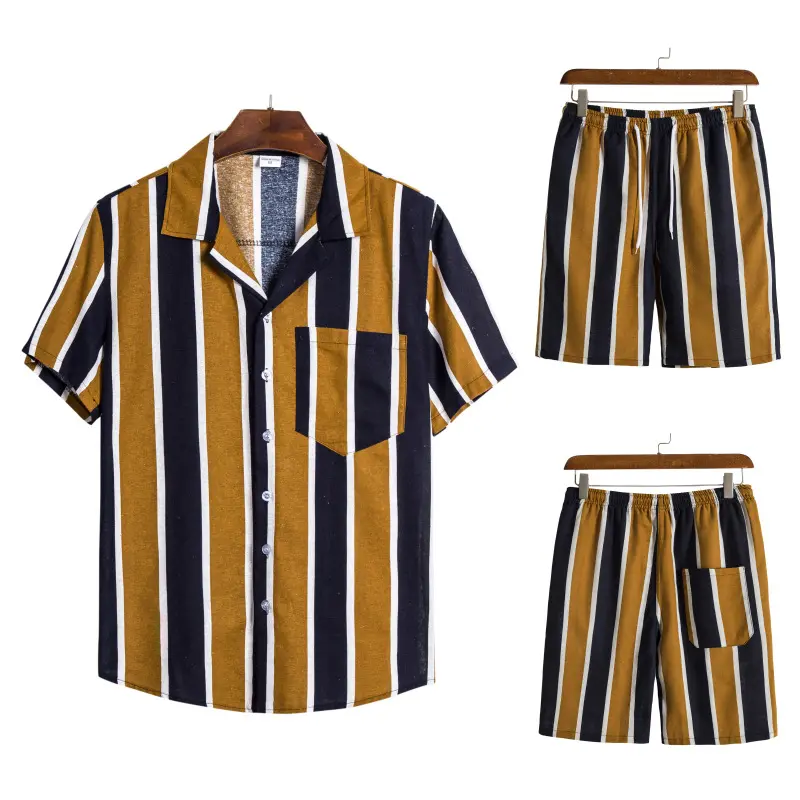 Drop Shipping Men's Summer Leisure Holiday 2 pcs Clothing Sets Fashion Cotton Linen Stripe Lapel Collar Shirt Beach Set