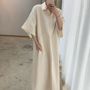 Wholesale 2022 Spring New Fashion Retro Classic Polo Collar Open <strong>Line</strong> <strong>Design</strong> Straight Loose Five-point Sleeve Denim Women Dress - Product Image 4