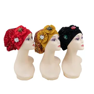 mh-1065 Damen Sequin Turban elegante Blume muslim Beanie Kopfbedeckung Chemo-Mütze mit Strasssteinen