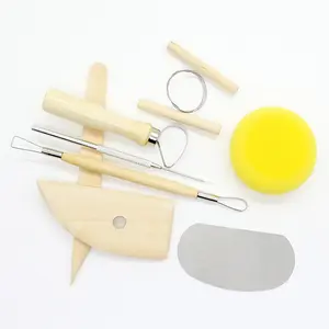 Ceramic Pottery Tools 8pcs Wood Handle Table Diy Sculpture Clay Trimming Sponge Carving Knife Pottery Tool Set