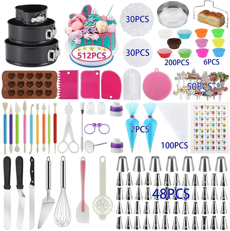 512 pièces fournitures de décoration de gâteau avec plateau tournant antidérapant, moules à gâteaux, kit de fournitures de cuisson ensemble d'outils de décoration de gâteau