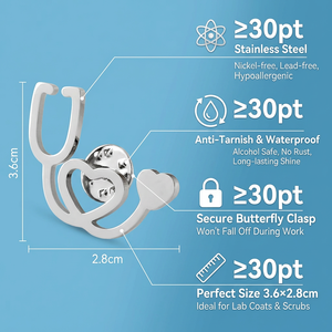 Broche de Lapela de Estetoscópio em Aço Inoxidável Prateado, Joia Médica Hipoalergênica para Enfermeiras, Médicos, Estudantes, Veterinários e Casamentos - Product Image 3