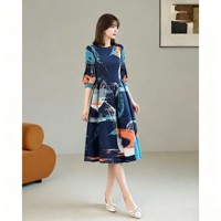 Robe pour femme à grands pois, style Miyake, col rond, manches bouffantes 3/4, taille haute, coupe trapèze, élégante, pour le bureau ou décontractée