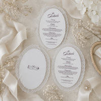 Carte de menu ovale professionnelle en dentelle de coton à bord festonné pour réception de mariage, banquet d'hôtel, traiteur, organisateur d'événements, vente en gros