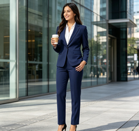 Ensemble de costume bleu marine pour femme : blazer ajusté et pantalon droit à revers crantés – Tenue de travail formelle pour le bureau