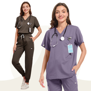 Women Hospital Scrub Set V-Neck Short Sleeve Elastic Cuff Work Uniform Moisture Wicking Knitted Split Set S XXL - Product Image 4