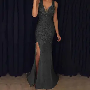 2024 New European and American Long Dress Evening Dress V neck Slim Fit Split Gold Plated Gown