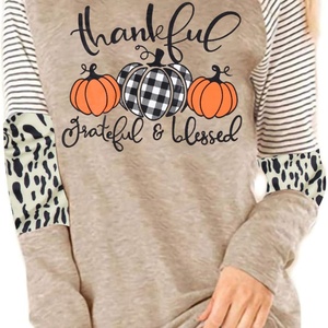 Camiseta de manga larga estampada para mujer Calabaza de otoño y leopardo a rayas en algodón y poliéster Estilo superior 3D - Product Image 5