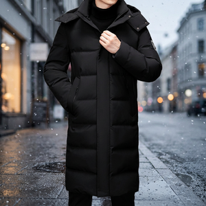 Abrigo Largo Negro de Plumón para Hombre con Capucha y Cremallera, Ropa de Invierno Casual, Grueso, de Poliéster, con Cuello Alto y Bolsillos - Product Image 4