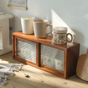 Retro Solid Wood Storage Cabinet With Frosted Glass Door Desktop Organizer For <b>Teacups</b> And Cosmetics - Product Image 2