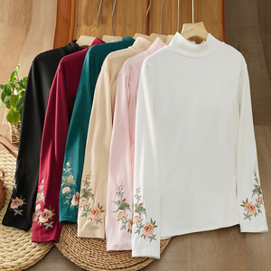 Women's Embroidered High Neck Long Sleeve T-Shirt Slim Fit Soft Warm Inner <b>Layer</b> <b>Top</b> Autumn Winter Clothing - Product Image 1