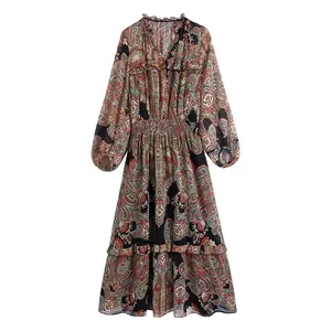 Autumn and Winter New Fashion Long-sleeved Stacked Decorative Print Sense Wholesale Ladies Long Dress