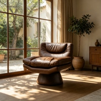 Fauteuil lounge en cuir, base conique, chaise d'appoint sculpturale de style moderne du milieu du siècle pour salon