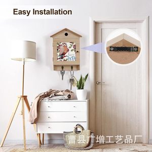 Wooden Key Rack House Shaped <b>Wall</b> <b>Mounted</b> Storage <b>Shelf</b> With Owl Design For Home Entryway Organization - Product Image 2