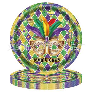Mardi Gras Party Plates <b>Round</b> Disposable Paper Gold Green Purple Carnival Theme Decorations - Product Image 2