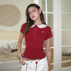 Camiseta de Manga Corta con Cuello de Muñeca y Botones, Color Sólido, Estilo Dulce y Femenino, Corte Ajustado, Top Básico de Verano para Mujer - Product Image 1