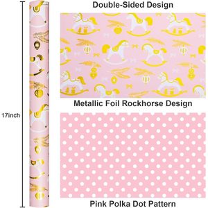 Pink Rocking Horse Christmas Wrapping <b>Paper</b> 46.8 Square Feet Coated Metallic Foil Eco-Friendly Gift Wrap For Holiday - Product Image 3