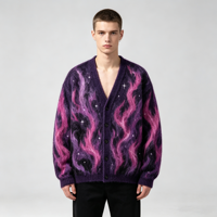 Cardigan oversize en mohair imprimé, style grunge, doux et duveteux, col en V, bouton unique, tricoté, style urbain, pull lourd d'hiver pour homme