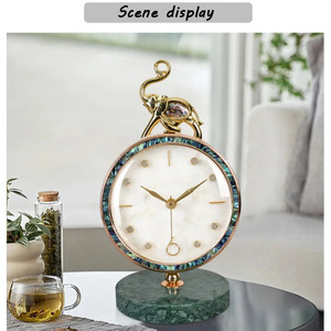 European Style <b>Desk</b> Clock Circular Ornament With Elephant Top Gold Tone Dial Marble Base Silent Movement Decorative <b>Table</b> Clock - Product Image 4