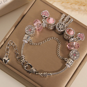 <span class=keywords><strong>Bracelet</strong></span> à breloques attrape-rêves réglable plaqué <span class=keywords><strong>argent</strong></span> <span class=keywords><strong>pas</strong></span> <span class=keywords><strong>cher</strong></span>, perles à gros trous, chaîne serpent, pendentif cœur en cristal pour femmes - Product Image 4