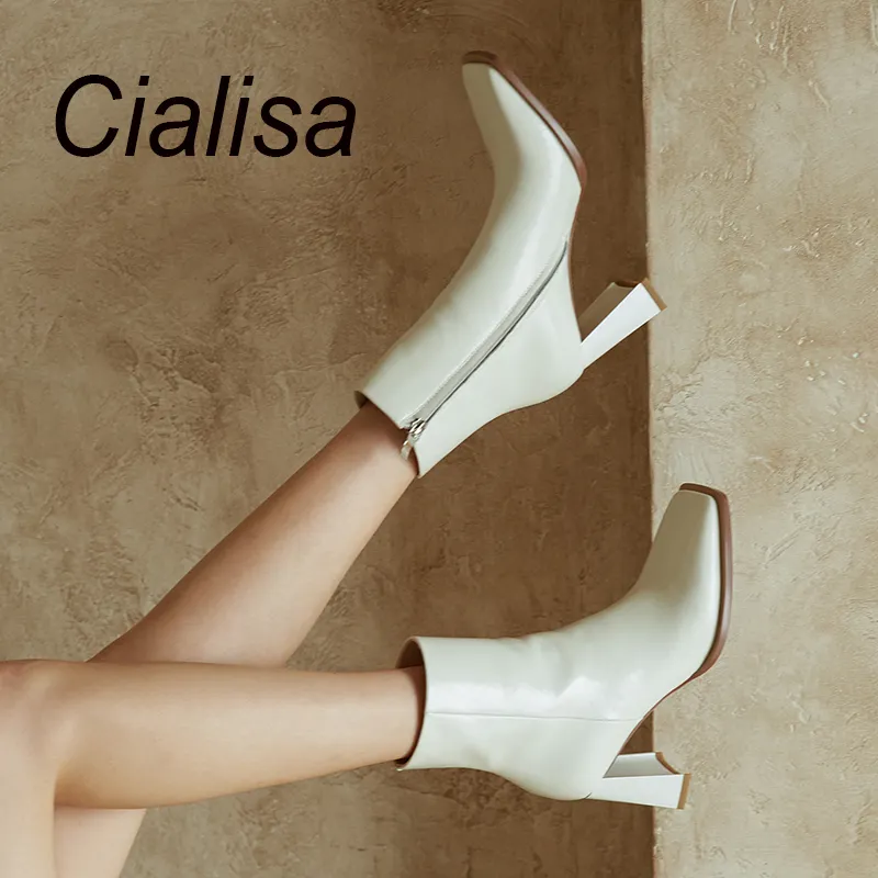 Cialisa New Arrival White Genuine Leather Autumn Dress Shoes Women Square Toe High Heels Winter Concise Mature Ankle Boots