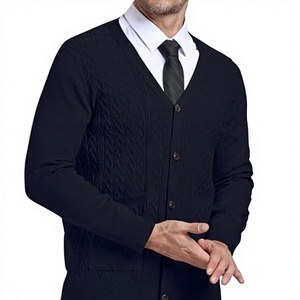 Cardigan en tricot personnalisé bleu marine pour l'école, col en V, boutons sur le devant, pull uniforme en fil extensible doux, broderie de logo et écusson, vêtement OEM en gros - Product Image 1