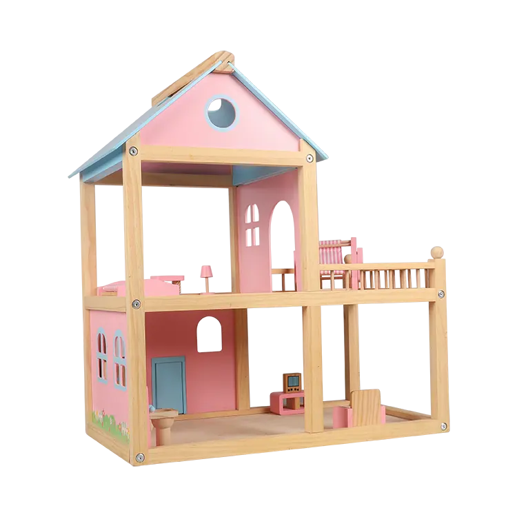 Rumah Boneka Bunga Merah Muda Anak Perempuan, Mainan Permainan Rumah Boneka Kayu DIY untuk Anak-anak 3 +