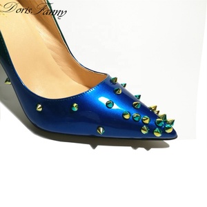Blue and Green Rivets Pointy <b>Toe</b> Thin <b>Heels</b> Summer Women's Slip on Pumps Sexy Party Fancy Shoes - Product Image 3