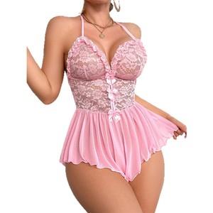 Lencería Sexy de Poliéster Rosa para Mujer, Estilo Europeo Americano, con Encaje, Conjunto de Una Pieza, Lencería para el Día de San Valentín - Product Image 5