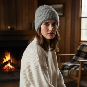 Premium Minimalist çizgili örgü yün-pamuk katı-renk 19% RMS tiftik 15% RWS yün bere kadın sonbahar-kış moda - Product Image 5