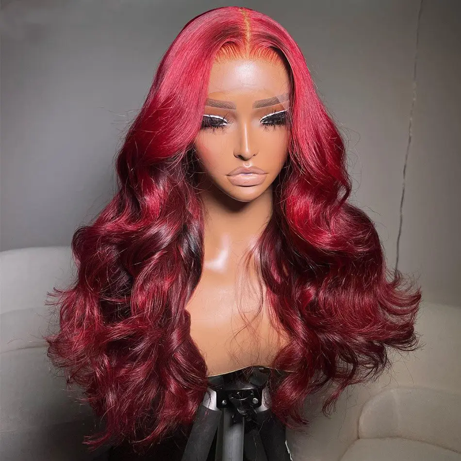 Wholesale Highlight Ombre Red Colored Body Wave Transparent Lace Front Wigs Burgundy Highlights Long Wavy Wigs For Black Women