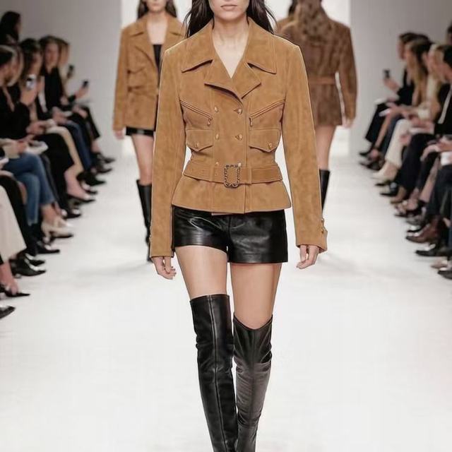 616 Trendy Elegant Lady Waist Belt Cinched Spliced Button Cropped Blazer Coat Women's Suede Sheepskin Jacket