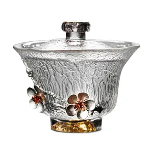 Alta calidad exquisita ciruela flor decoración de cristal de Gaiwan té tapa de taza de té