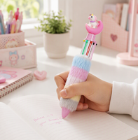 Stylo bille Kawaii Licorne 10 couleurs multicolores, avec grip en peluche arc-en-ciel, stylo pastel mignon pour filles, cadeau pour journalisation