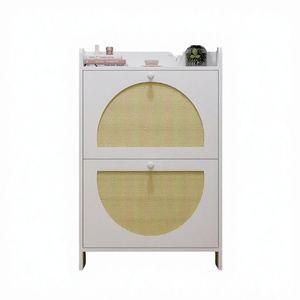 Modern White Rattan Shoe <b>Cabinet</b> 2-Tier Flip Down <b>Slim</b> Shoe Rack Entryway Space Saving Furniture - Product Image 2
