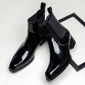 Leather Square-toe Ankle Chelsea Boots <b>Men</b> <b>Slip</b>-<b>On</b> Shiny Finish Simple Style Heightening Effect Waterproof Winter Autumn - Product Image 2