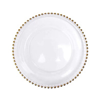 Assiettes rondes en plastique transparent écologiques avec perles dorées pour mariage
