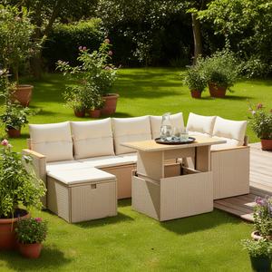 Beige Pe <b>Rattan</b> Garden <b>Sofa</b> Set With Adjustable Armrests 6 Seater Outdoor Furniture Contemporary Style Garden Set - Product Image 2