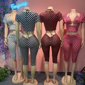 Nouvel ensemble 3 pièces sexy pour femme 2026 : crop top à manches courtes imprimé pois et patchwork, et pantalon - Product Image 2
