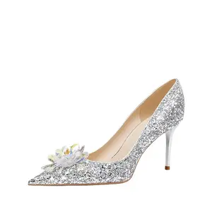 Chaussures de mariage en strass pour femmes, sandales de luxe en cuir véritable à talons hauts en cristal avec tournesol pour la mariée
