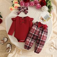 Ensemble de vêtements 3 pièces pour bébé fille, automne-hiver, body côtelé à manches longues, pantalon à carreaux, bandeau à nœud pour bébés filles de 0 à 1 an